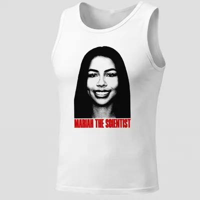 Bold typography t-shirt featuring Mariah The Scientist in black, white, and red — printed on a tank top