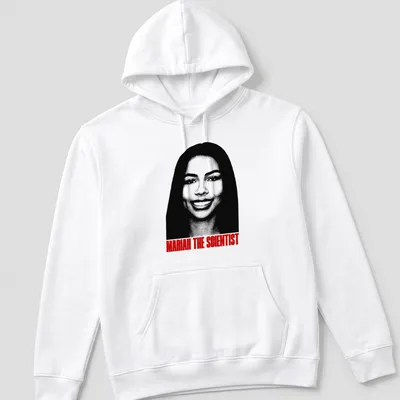Bold typography t-shirt featuring Mariah The Scientist in black, white, and red — printed on a unisex hoodie