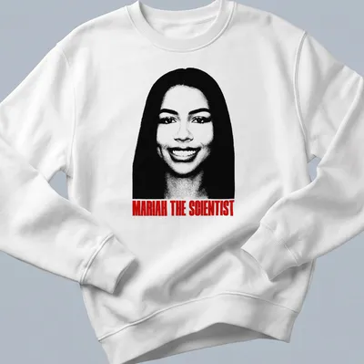 Bold typography t-shirt featuring Mariah The Scientist in black, white, and red — printed on a unisex sweatshirt