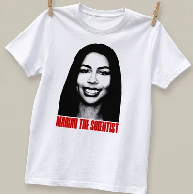 Bold typography t-shirt featuring Mariah The Scientist in black, white, and red