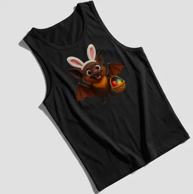 Cartoon Mariana fruit bat holding an Easter basket filled with colorful eggs — printed on a tank top