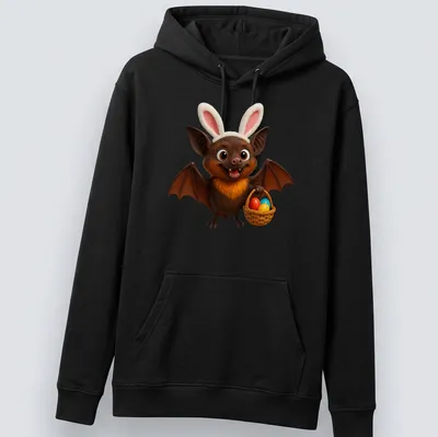 Cartoon Mariana fruit bat holding an Easter basket filled with colorful eggs — printed on a unisex hoodie