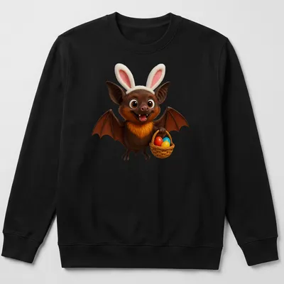 Cartoon Mariana fruit bat holding an Easter basket filled with colorful eggs — printed on a unisex sweatshirt