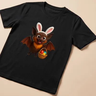 Cartoon Mariana fruit bat holding an Easter basket filled with colorful eggs