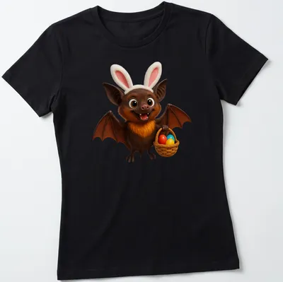 Cartoon Mariana fruit bat holding an Easter basket filled with colorful eggs — printed on a women's shirt