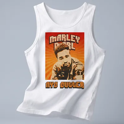 Retro distressed Marley Marl NYC Cutter T-shirt in orange, brown, cream, and black — printed on a tank top