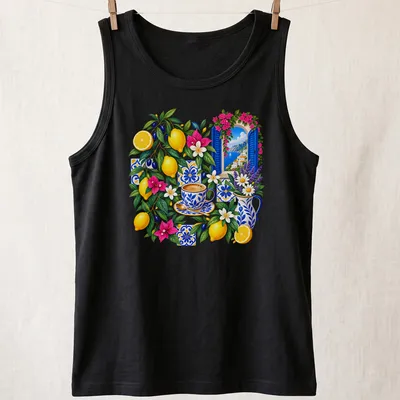 Vibrant floral design featuring lemons, coffee cups, and flowers on a T-shirt. — printed on a tank top