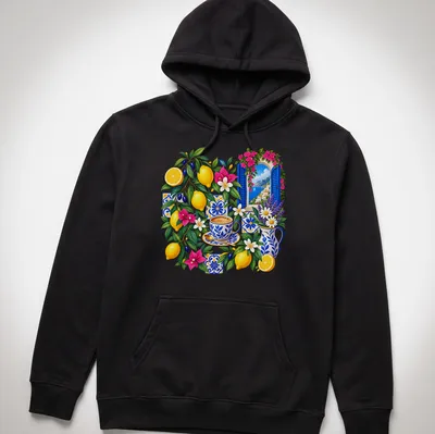 Vibrant floral design featuring lemons, coffee cups, and flowers on a T-shirt. — printed on a unisex hoodie