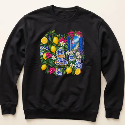 Vibrant floral design featuring lemons, coffee cups, and flowers on a T-shirt. — printed on a unisex sweatshirt