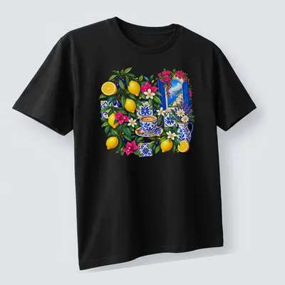 Vibrant floral design featuring lemons, coffee cups, and flowers on a T-shirt. — printed on a unisex t-shirt (angled view)