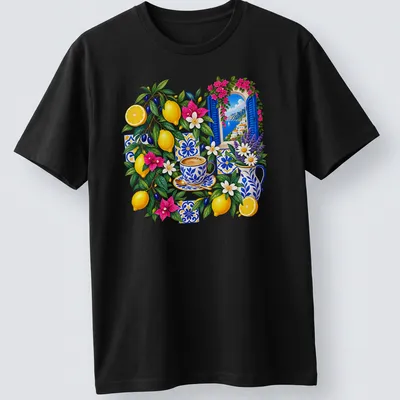 Vibrant floral design featuring lemons, coffee cups, and flowers on a T-shirt.