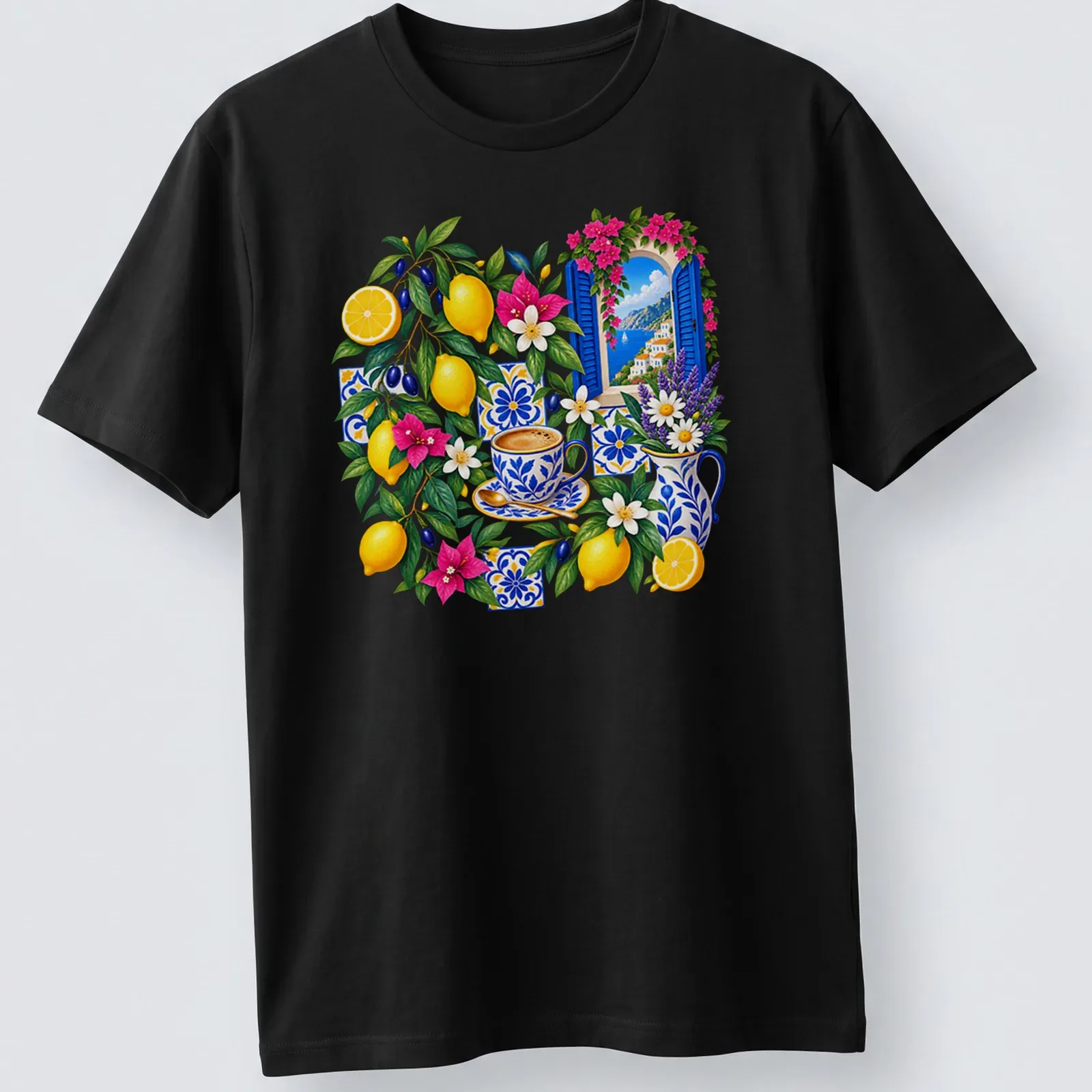 Vibrant floral design featuring lemons, coffee cups, and flowers on a T-shirt. — printed on a unisex t-shirt