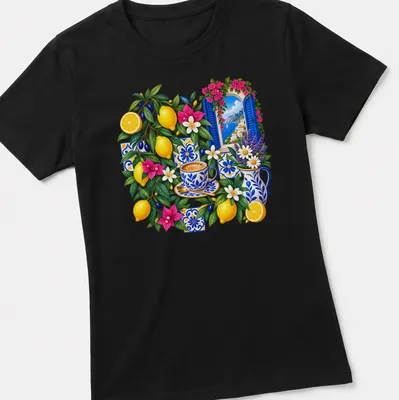 Vibrant floral design featuring lemons, coffee cups, and flowers on a T-shirt. — printed on a women's shirt