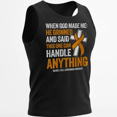 Bold typography Merkel Cell Carcinoma Warrior shirt with orange awareness ribbon — printed on a tank top