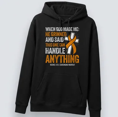 Bold typography Merkel Cell Carcinoma Warrior shirt with orange awareness ribbon — printed on a unisex hoodie