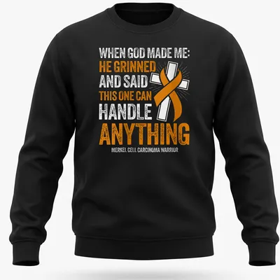Bold typography Merkel Cell Carcinoma Warrior shirt with orange awareness ribbon — printed on a unisex sweatshirt