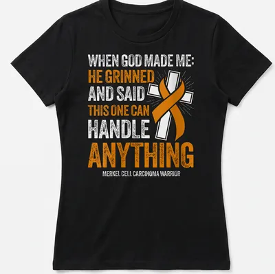 Bold typography Merkel Cell Carcinoma Warrior shirt with orange awareness ribbon — printed on a women's shirt