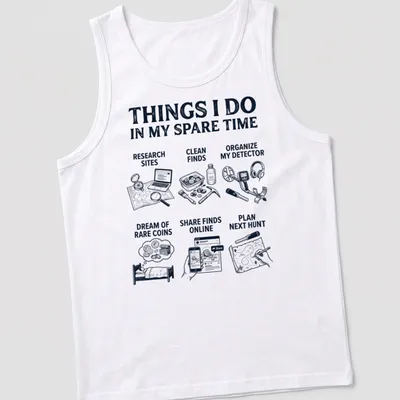Illustrative t-shirt featuring activities related to metal detecting in navy blue and white. — printed on a tank top