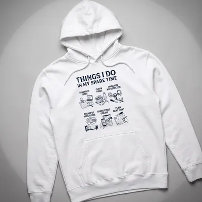 Illustrative t-shirt featuring activities related to metal detecting in navy blue and white. — printed on a unisex hoodie