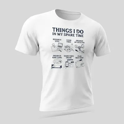 Illustrative t-shirt featuring activities related to metal detecting in navy blue and white. — printed on a unisex t-shirt (angled view)