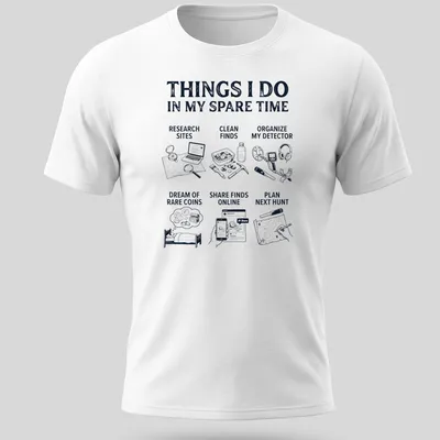 Illustrative t-shirt featuring activities related to metal detecting in navy blue and white.