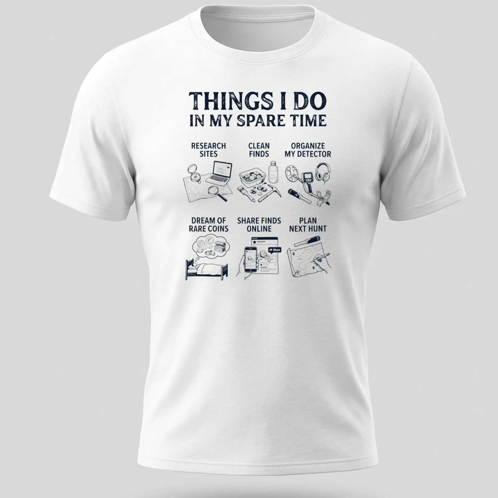 Illustrative t-shirt featuring activities related to metal detecting in navy blue and white. — printed on a unisex t-shirt