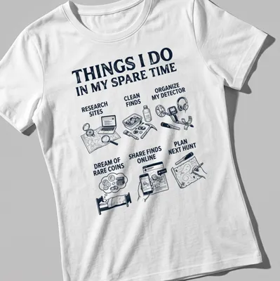 Illustrative t-shirt featuring activities related to metal detecting in navy blue and white. — printed on a women's shirt