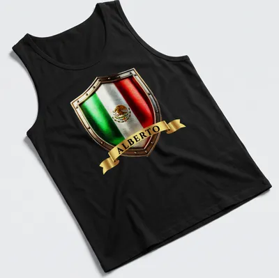 Metallic detailed Mexican heritage crest shield T-shirt featuring the name Alberto — printed on a tank top