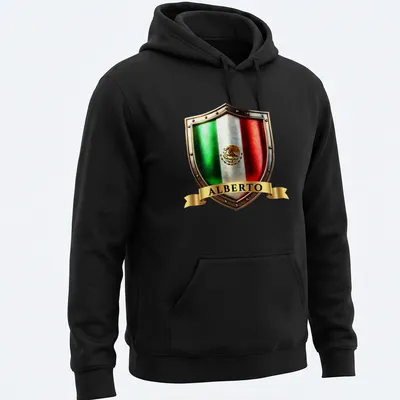 Metallic detailed Mexican heritage crest shield T-shirt featuring the name Alberto — printed on a unisex hoodie