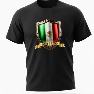 Metallic detailed Mexican heritage crest shield T-shirt featuring the name Alberto