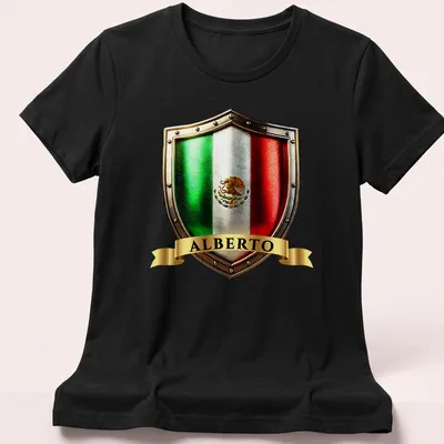 Metallic detailed Mexican heritage crest shield T-shirt featuring the name Alberto — printed on a women's shirt