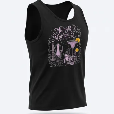 Whimsical illustration of a frog in a witch hat holding a margarita with candles around it — printed on a tank top