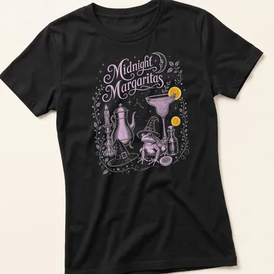 Whimsical illustration of a frog in a witch hat holding a margarita with candles around it — printed on a women's shirt