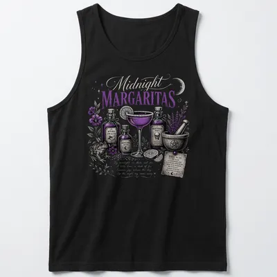 Vintage illustration of a cocktail recipe with a frog on a purple and gold background — printed on a tank top