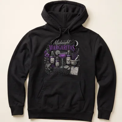 Vintage illustration of a cocktail recipe with a frog on a purple and gold background — printed on a unisex hoodie
