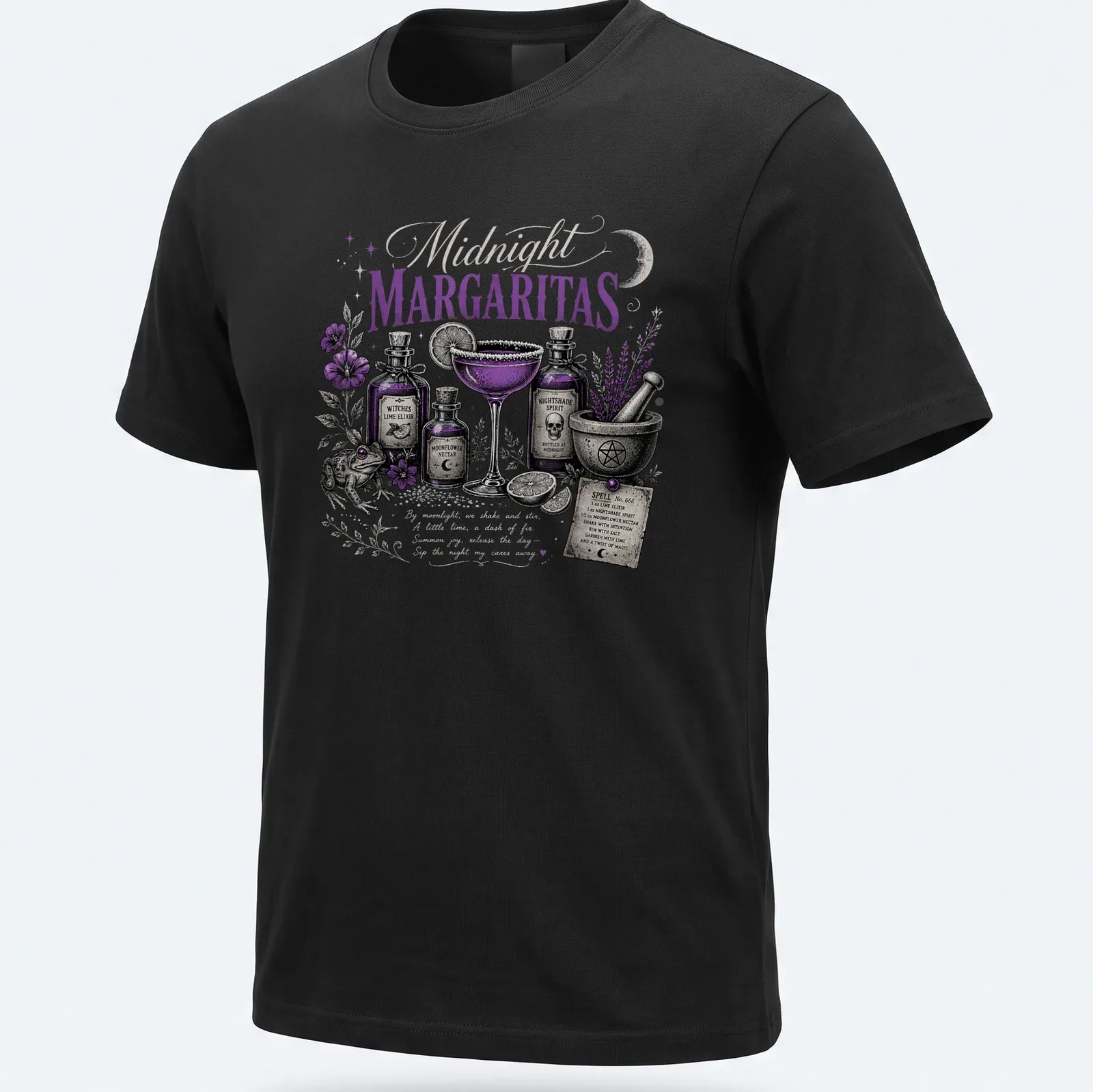 Vintage illustration of a cocktail recipe with a frog on a purple and gold background — printed on a unisex t-shirt