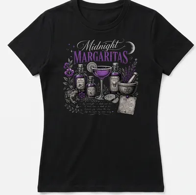 Vintage illustration of a cocktail recipe with a frog on a purple and gold background — printed on a women's shirt