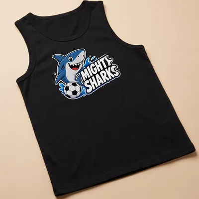Cartoon shark playing soccer with vibrant colors on a — printed on a tank top