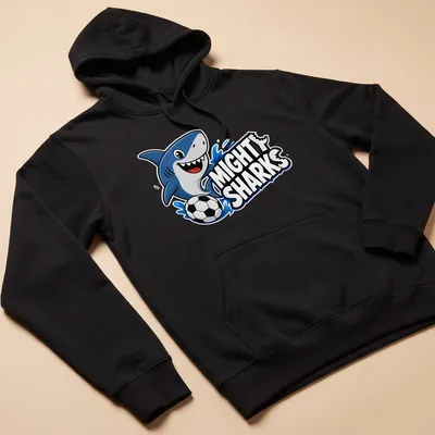 Cartoon shark playing soccer with vibrant colors on a — printed on a unisex hoodie