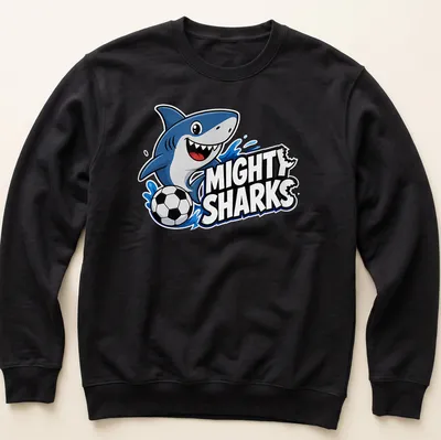 Cartoon shark playing soccer with vibrant colors on a — printed on a unisex sweatshirt