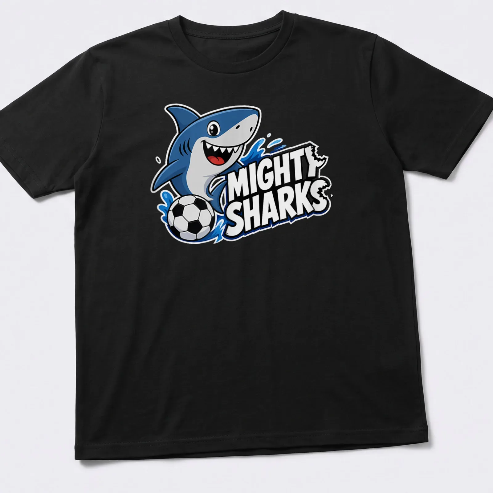 Cartoon shark playing soccer with vibrant colors on a — printed on a unisex t-shirt