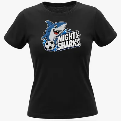 Cartoon shark playing soccer with vibrant colors on a — printed on a women's shirt