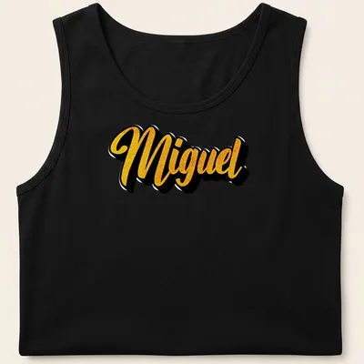 Personalized Miguel T-shirt with gold bold script on black background — printed on a tank top