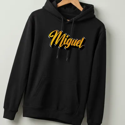 Personalized Miguel T-shirt with gold bold script on black background — printed on a unisex hoodie