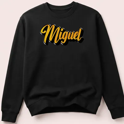 Personalized Miguel T-shirt with gold bold script on black background — printed on a unisex sweatshirt