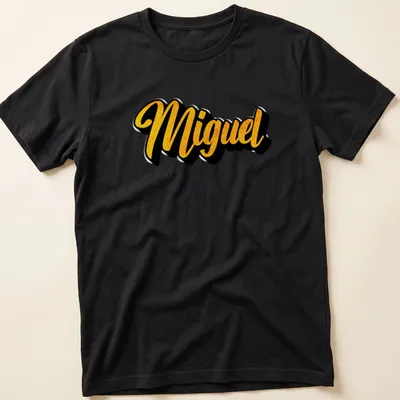 Personalized Miguel T-shirt with gold bold script on black background