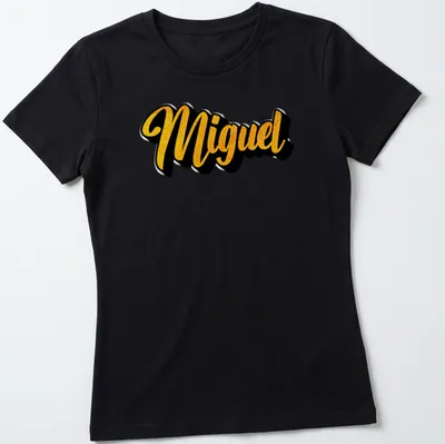 Personalized Miguel T-shirt with gold bold script on black background — printed on a women's shirt
