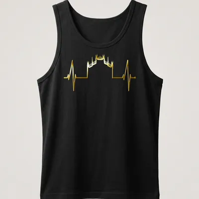 Minimalist illustration of the Milan skyline in gold with heartbeat motif — printed on a tank top