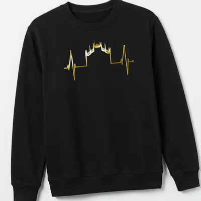 Minimalist illustration of the Milan skyline in gold with heartbeat motif — printed on a unisex sweatshirt