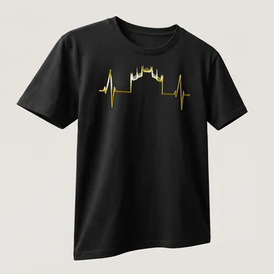 Minimalist illustration of the Milan skyline in gold with heartbeat motif — printed on a unisex t-shirt (angled view)